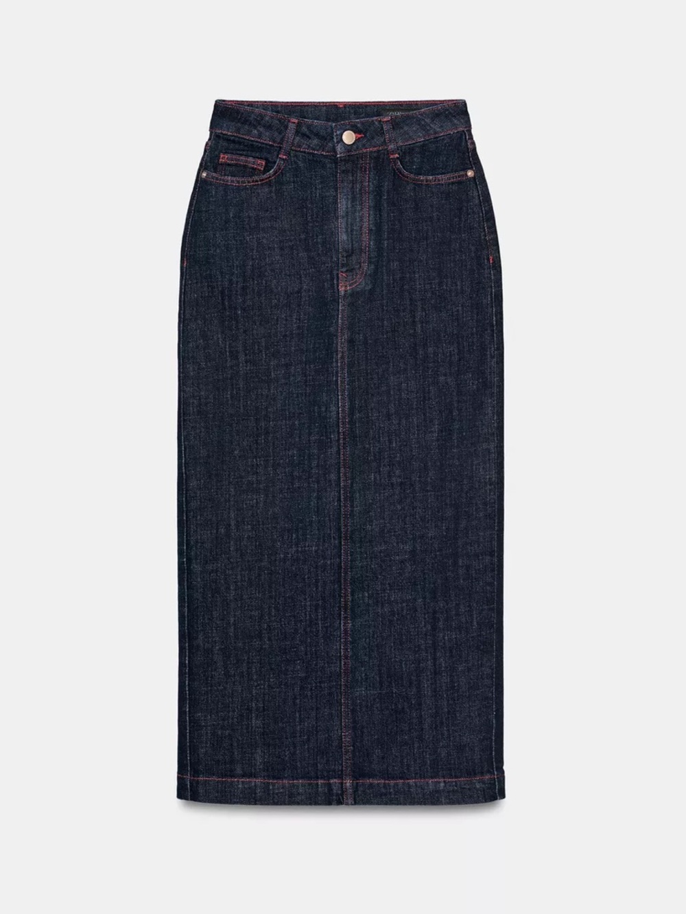 Zara Dark Indigo Denim Midi Skirt with Contrast Stitching